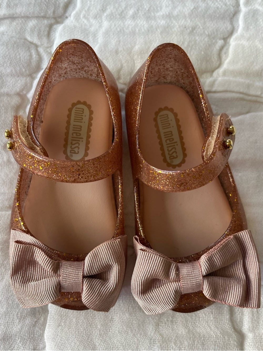 Mini Melissa Glitter Rose Gold Mary Janes with Bow, Size 5 🎀 Worn a Few Times)